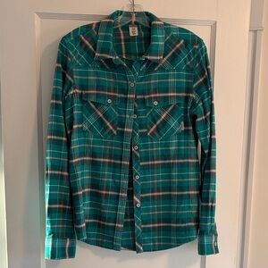 Stio Turquoise Plaid Flannel Shirt Women’s Size L